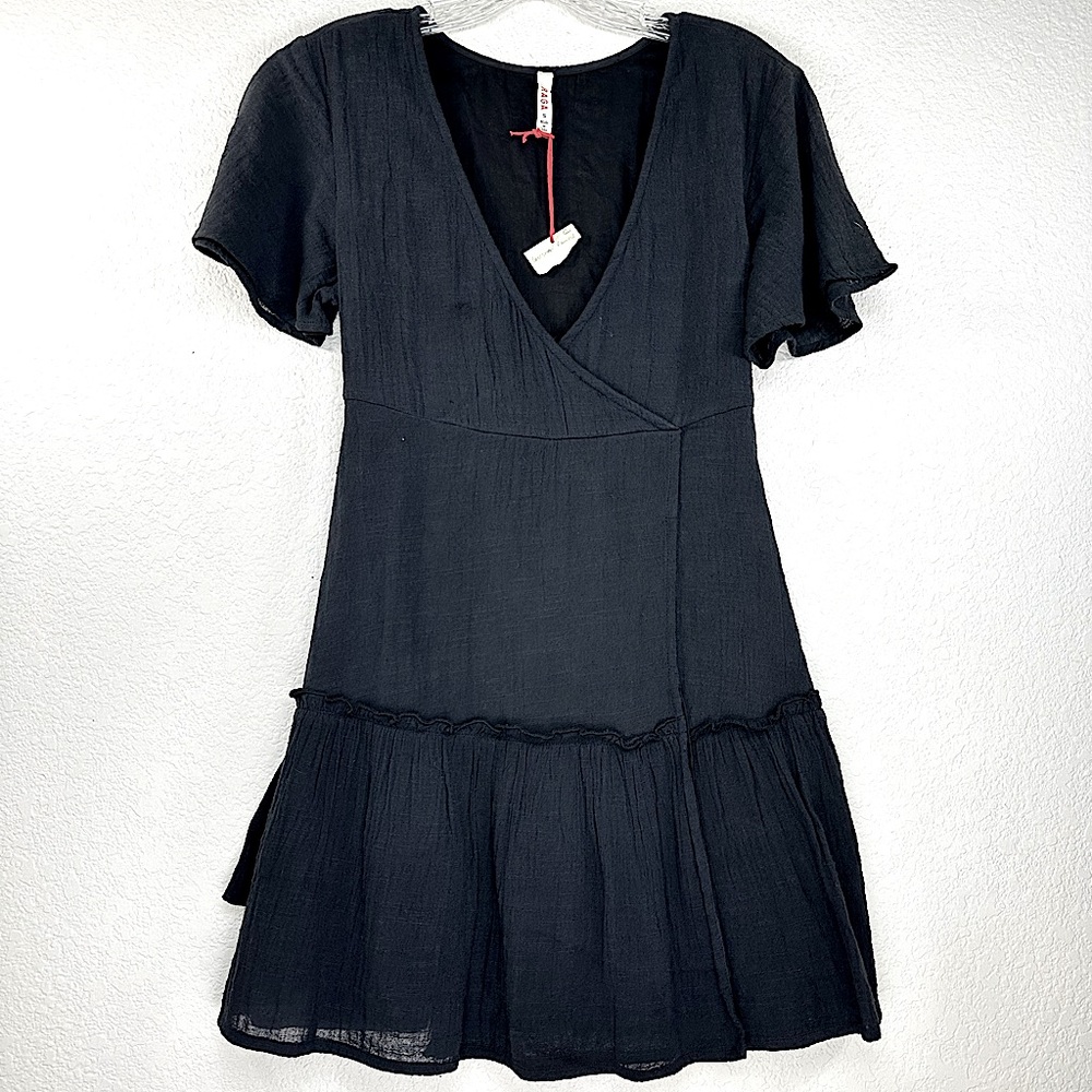 NWT Raga Sienna Mini‎ Faux Wrap Dress Fully Lined Cotton Gauze Black Small
